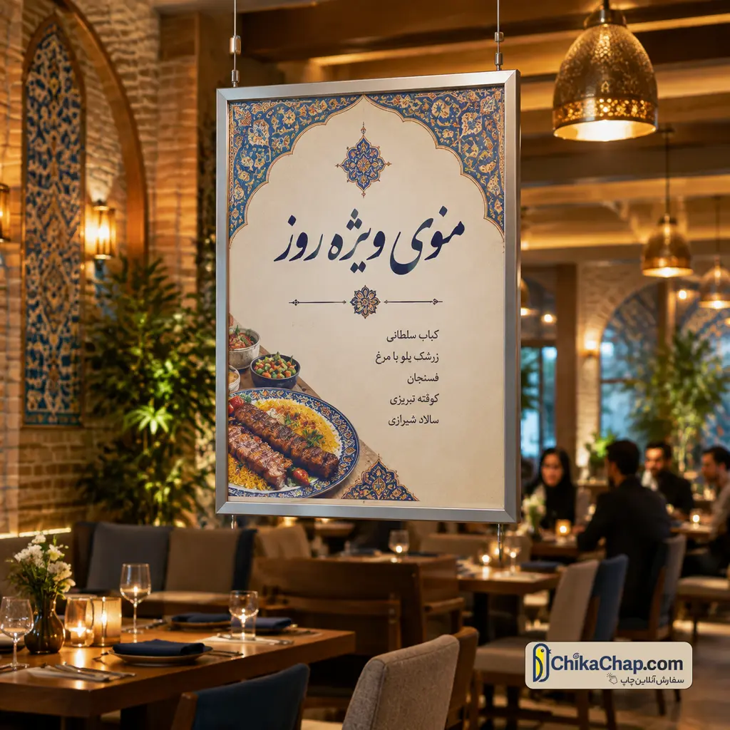 منوی روزانه رستوران نصب شده با ریل پوستر شیک در محیط دنج